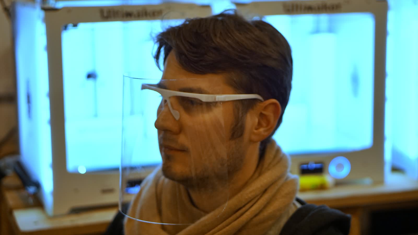 Engineer with Safety Shield — 3D Printer Workshop